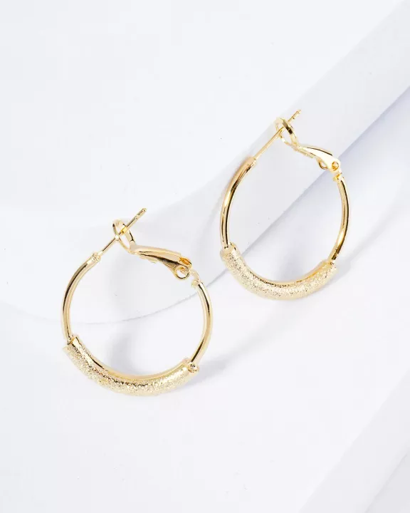 25mm 14K-Gold-Dipped Latch-Back Hoop Earrings With Center Textured Accent