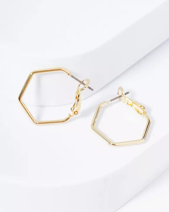 20mm Polished 14K-Gold-Dipped Hexagon Latch Back Hoop Earrings