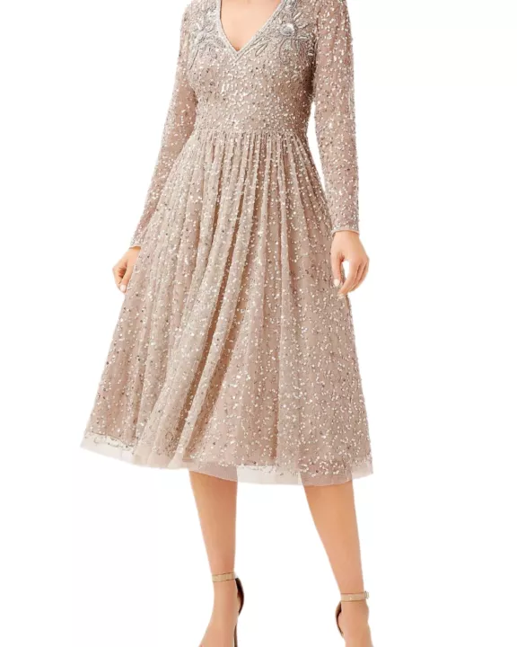 Aidan Mattox V Neck Long Sleeve Back Zipper Midi Beaded Dress