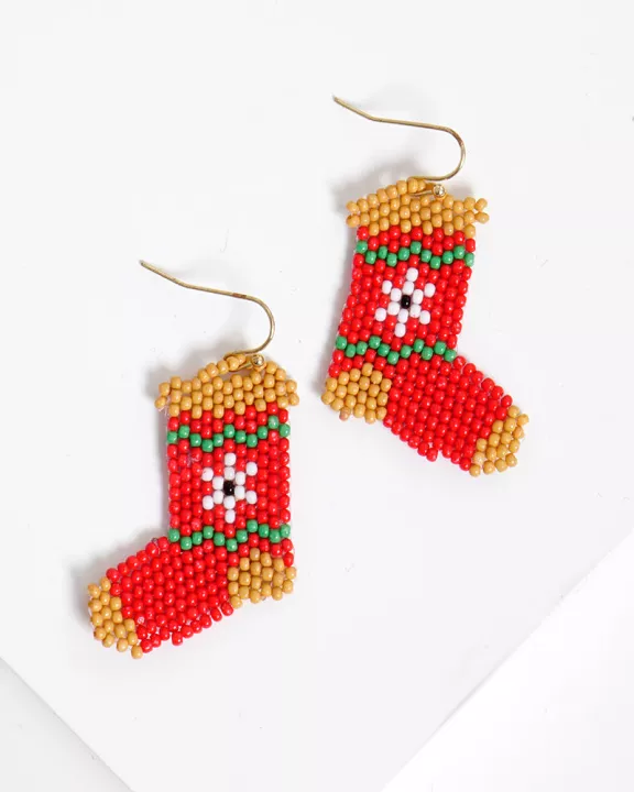 Christmas Stocking Seed Bead Dangle Earrings