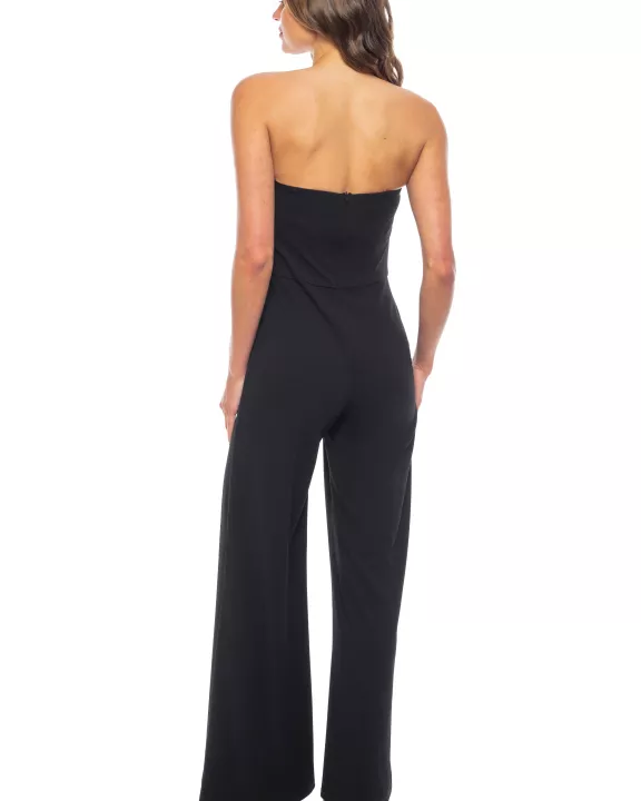 Marina Strapless Sleeveless Beaded Bodice Back Zipper Closure Wide-Leg Straight Hemline Jumpsuit