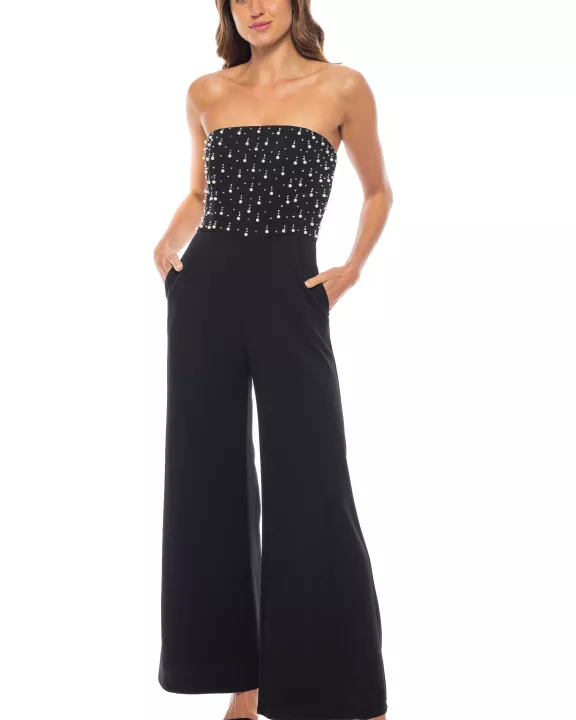Marina Strapless Sleeveless Beaded Bodice Back Zipper Closure Wide-Leg Straight Hemline Jumpsuit