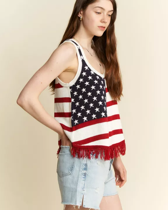 PLUS SIZE AMERICAN FLAG FRINGE TANK TOP