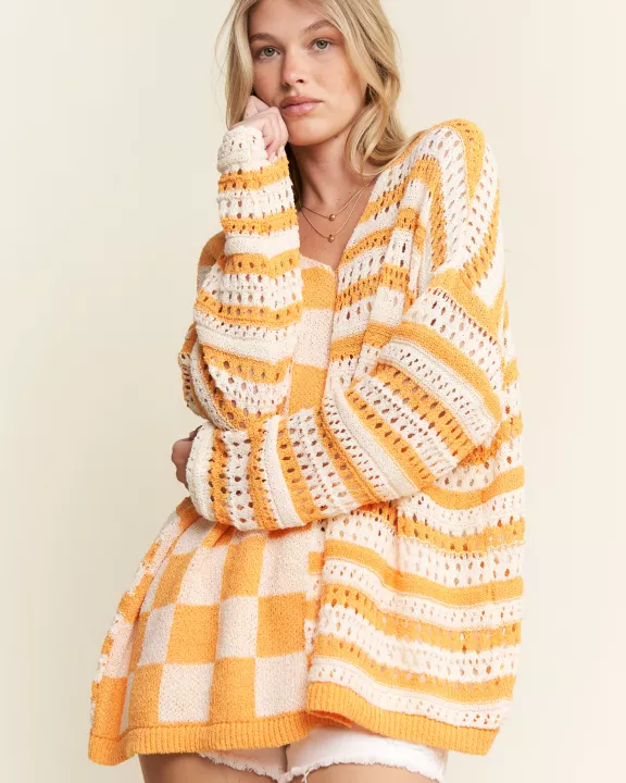 PLUS SIZE Stripe & Checkered Crocheted Top