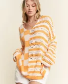 PLUS SIZE Stripe & Checkered Crocheted Top