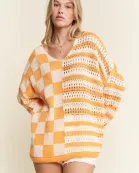 PLUS SIZE Stripe & Checkered Crocheted Top