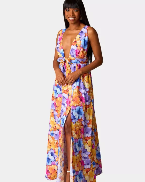 Zena Plunging Neck Maxi Dress - Pansy