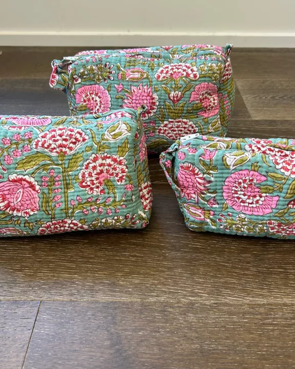 Block Print Cosmetic Bag Set, 3 Piece set