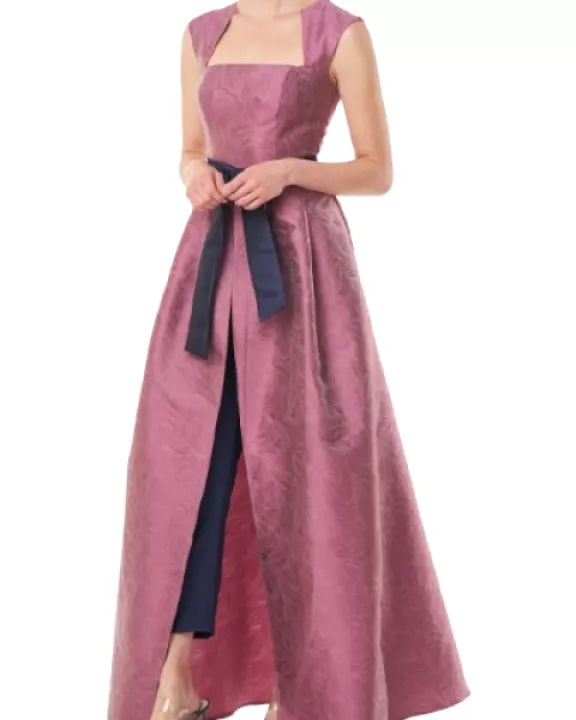 Kay Unger Square Neck Sleeveless Tie Waist Zipper Back Mikado Walk Through Jumpsuit With Stretch Crepe Pant