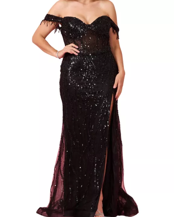 Kos Couture Fitted Off Shoulder Sequin Prom Formal Gown Dress