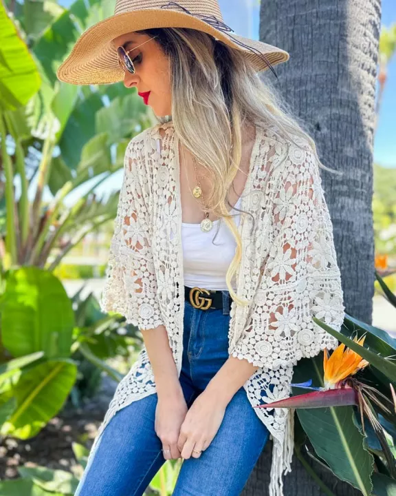 Ivory Floral Crochet Kimono