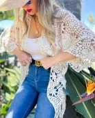 Ivory Floral Crochet Kimono