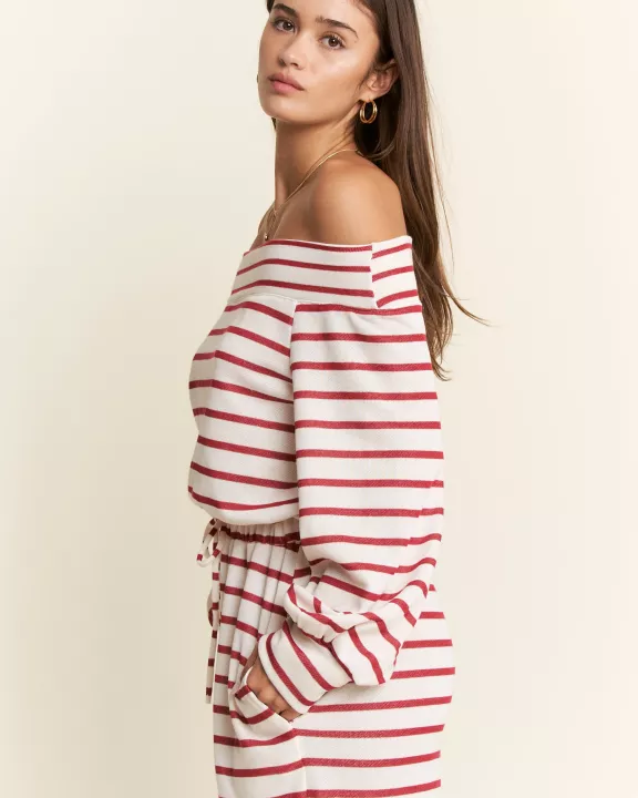 OFF-SHOULDER STRIPED TERRY JUMPSUIT