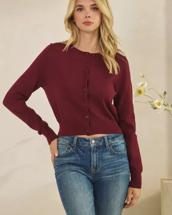 SOLID BUTTON DOWN LONG SLEEVE CROP CARDIGAN