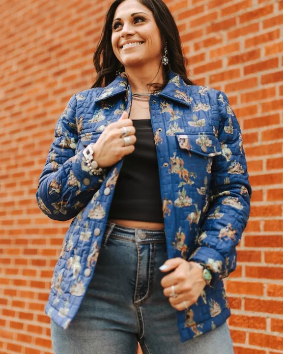 Blue Western Cowboy Desert Printed Quilted Jacket
