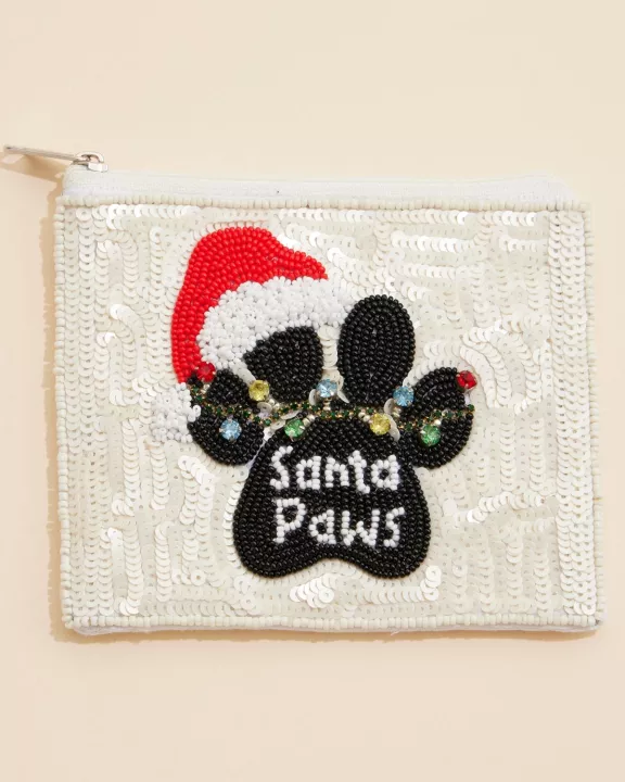Christmas Santa Paws Seed Beaded Coin Pouch