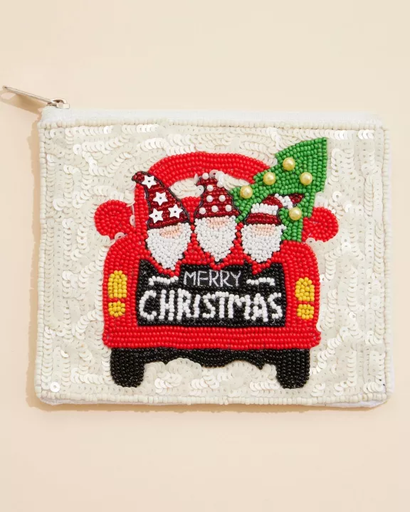 Christmas Truck with Tree & Elves Seed Beaded Coin Pouch