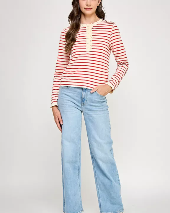 TT-10481-6 RUFFLE DETAIL STRIPED HENLEY TOP-CREAM RED