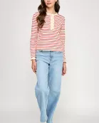 TT-10481-6 RUFFLE DETAIL STRIPED HENLEY TOP-CREAM RED