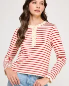 TT-10481-6 RUFFLE DETAIL STRIPED HENLEY TOP-CREAM RED
