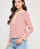 TT-10481-6 RUFFLE DETAIL STRIPED HENLEY TOP-CREAM RED