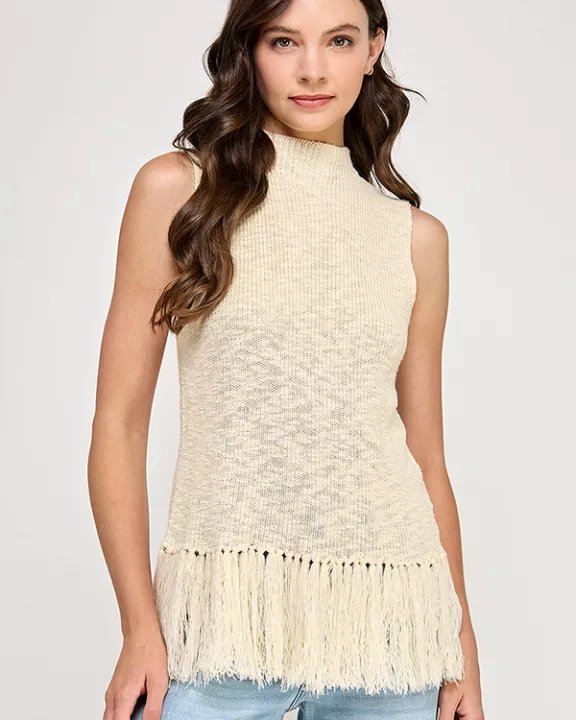 TT-10463-6 HIGH NECK FRINGE HEM TOP-CREAM