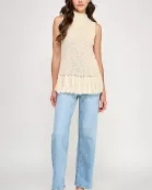 TT-10463-6 HIGH NECK FRINGE HEM TOP-CREAM