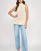 TT-10463-6 HIGH NECK FRINGE HEM TOP-CREAM