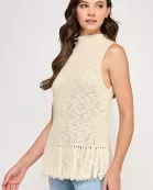 TT-10463-6 HIGH NECK FRINGE HEM TOP-CREAM