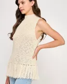 TT-10463-6 HIGH NECK FRINGE HEM TOP-CREAM