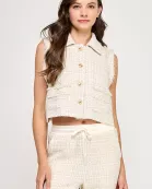 TV-10224-6 TWEED CROPPED VEST-CREAM