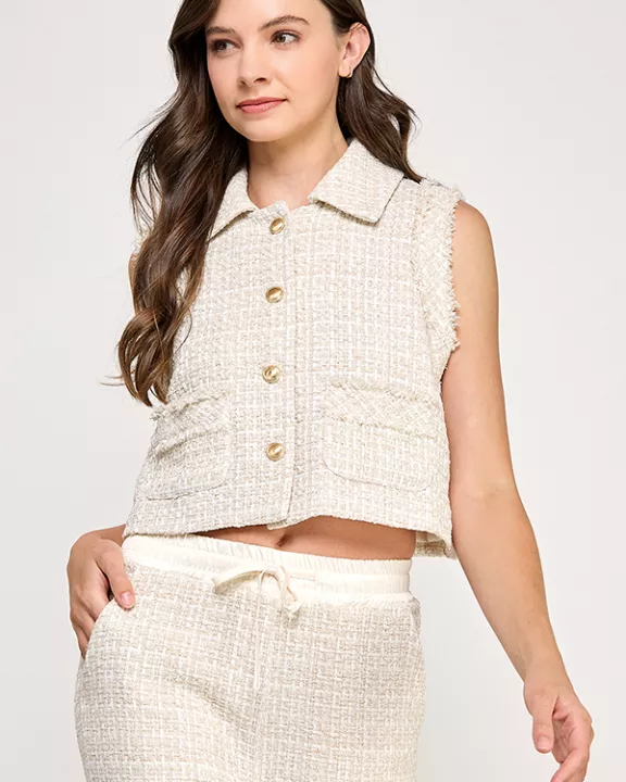 TV-10224-6 TWEED CROPPED VEST-CREAM
