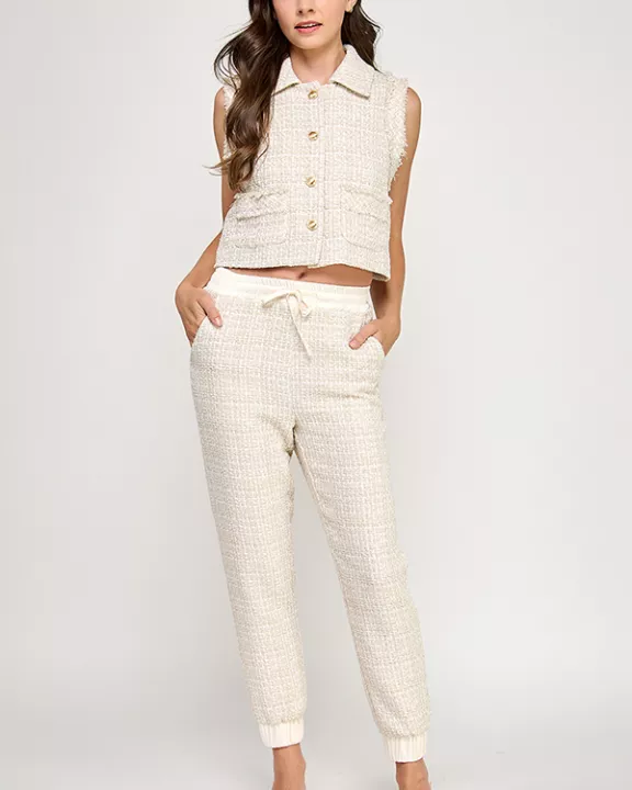 TP-10225-6 TWEED JOGGERS-CREAM
