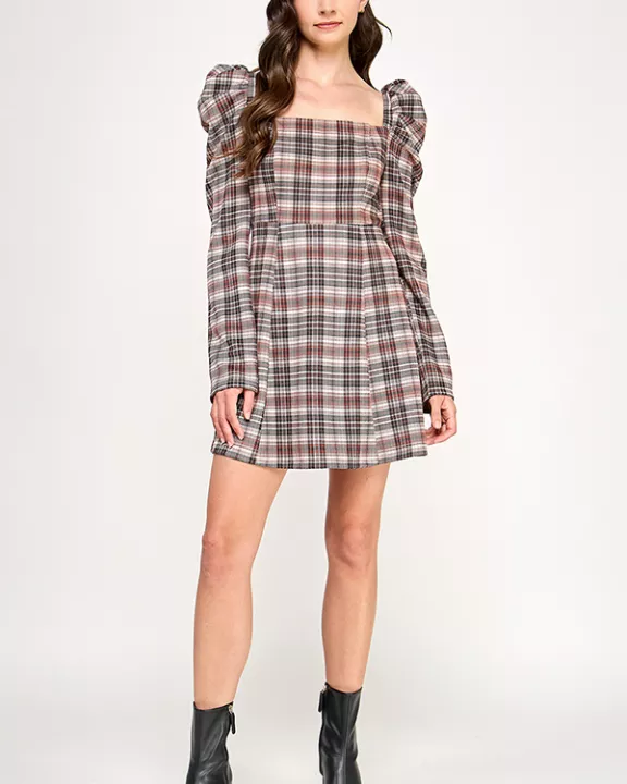 TD-10528-6 PUFF SLEEVES A-LINE MINI DRESS-BROWN MULTI