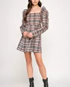 TD-10528-6 PUFF SLEEVES A-LINE MINI DRESS-BROWN MULTI