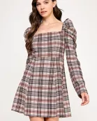 TD-10528-6 PUFF SLEEVES A-LINE MINI DRESS-BROWN MULTI