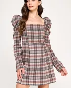TD-10528-6 PUFF SLEEVES A-LINE MINI DRESS-BROWN MULTI