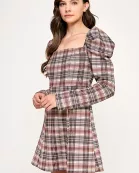 TD-10528-6 PUFF SLEEVES A-LINE MINI DRESS-BROWN MULTI