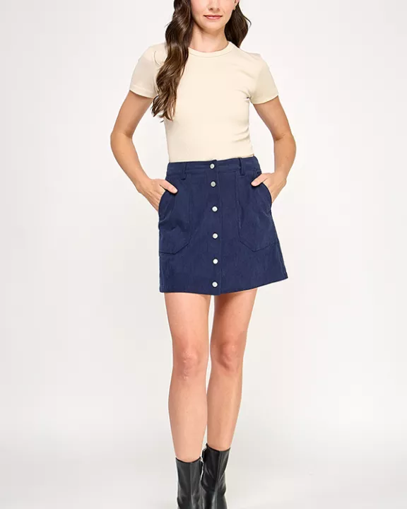 RS-4134-6 CORDUROY BUTTON FRONT MIDI SKIRT-NAVY