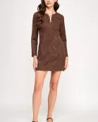 TD-10507-6 LONG SLEEVE SUEDE MINI DRESS-BROWN