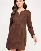 TD-10507-6 LONG SLEEVE SUEDE MINI DRESS-BROWN