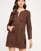 TD-10507-6 LONG SLEEVE SUEDE MINI DRESS-BROWN