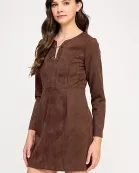 TD-10507-6 LONG SLEEVE SUEDE MINI DRESS-BROWN