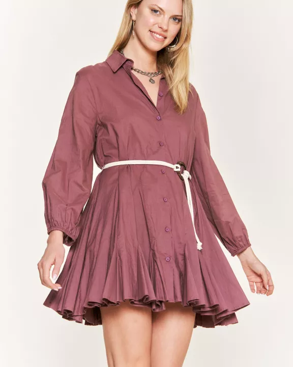 PLUS SIZE SOLID FLARE BUTTON DOWN SHIRT DRESS W/BELT
