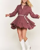 PLUS SIZE SOLID FLARE BUTTON DOWN SHIRT DRESS W/BELT