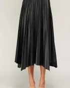 KS-1118-6 PLEATED FAUX LEATHER SKIRT-BLACK