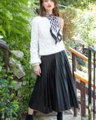 KS-1118-6 PLEATED FAUX LEATHER SKIRT-BLACK