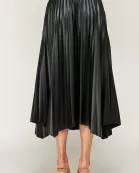 KS-1118-6 PLEATED FAUX LEATHER SKIRT-BLACK