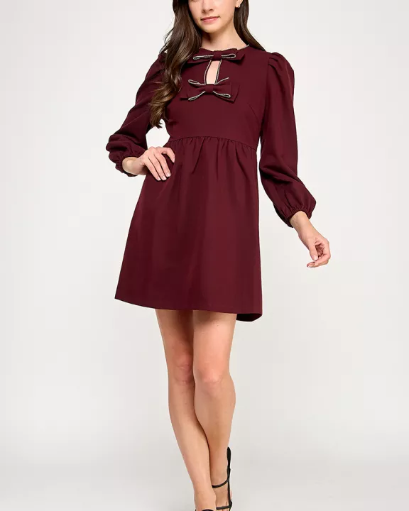 RD-4137-6 EMBELLISHED BOW MINI DRESS-WINE