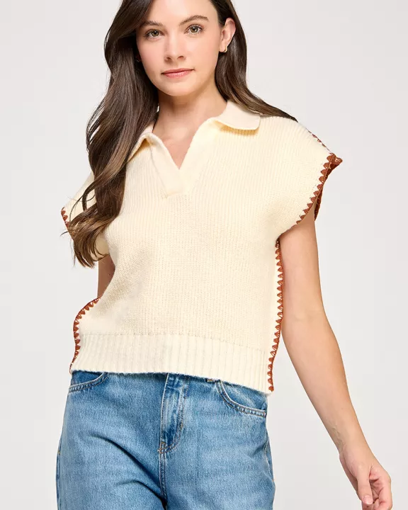 RT-4105-6 CONTRAST STITCH KNIT POLO-CREAM